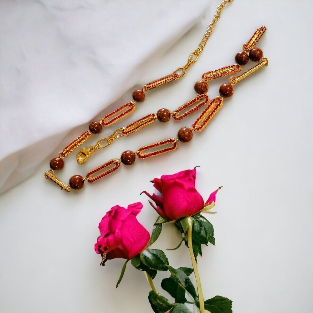 Red Jasper/Red Austrian Crystal Paperclip Necklace Women's 20-22" Gold Tone Snk5